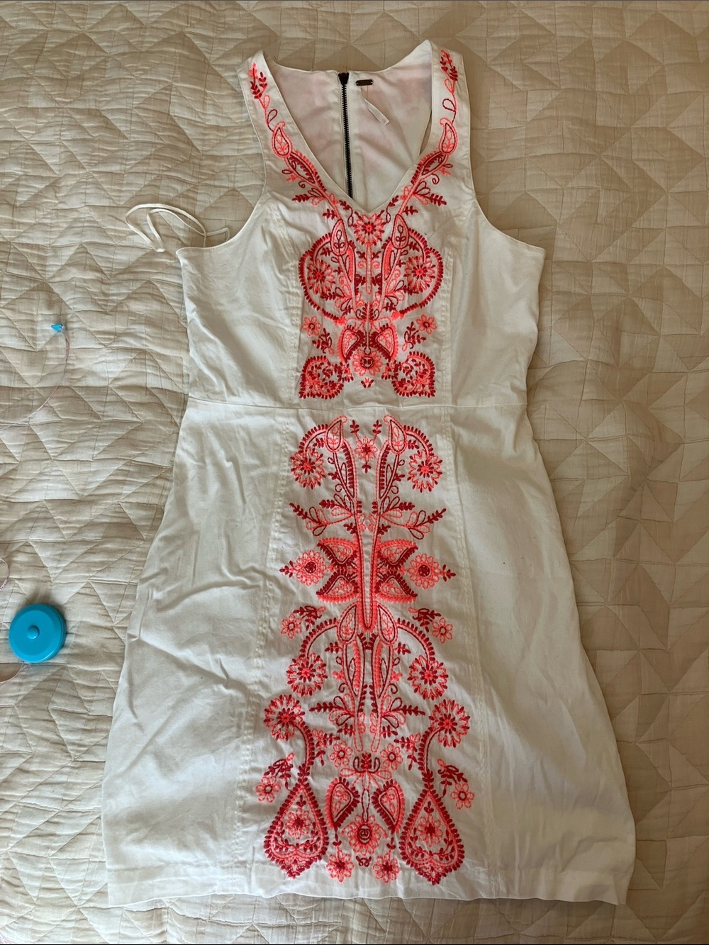 Free People White Sleeveless Mini Dress with Pink Embroidery